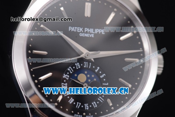 Patek Philippe Complications Miyota 9015 Automatic Steel Case with Black Dial Stick Markers and Black Leather Strap - Click Image to Close